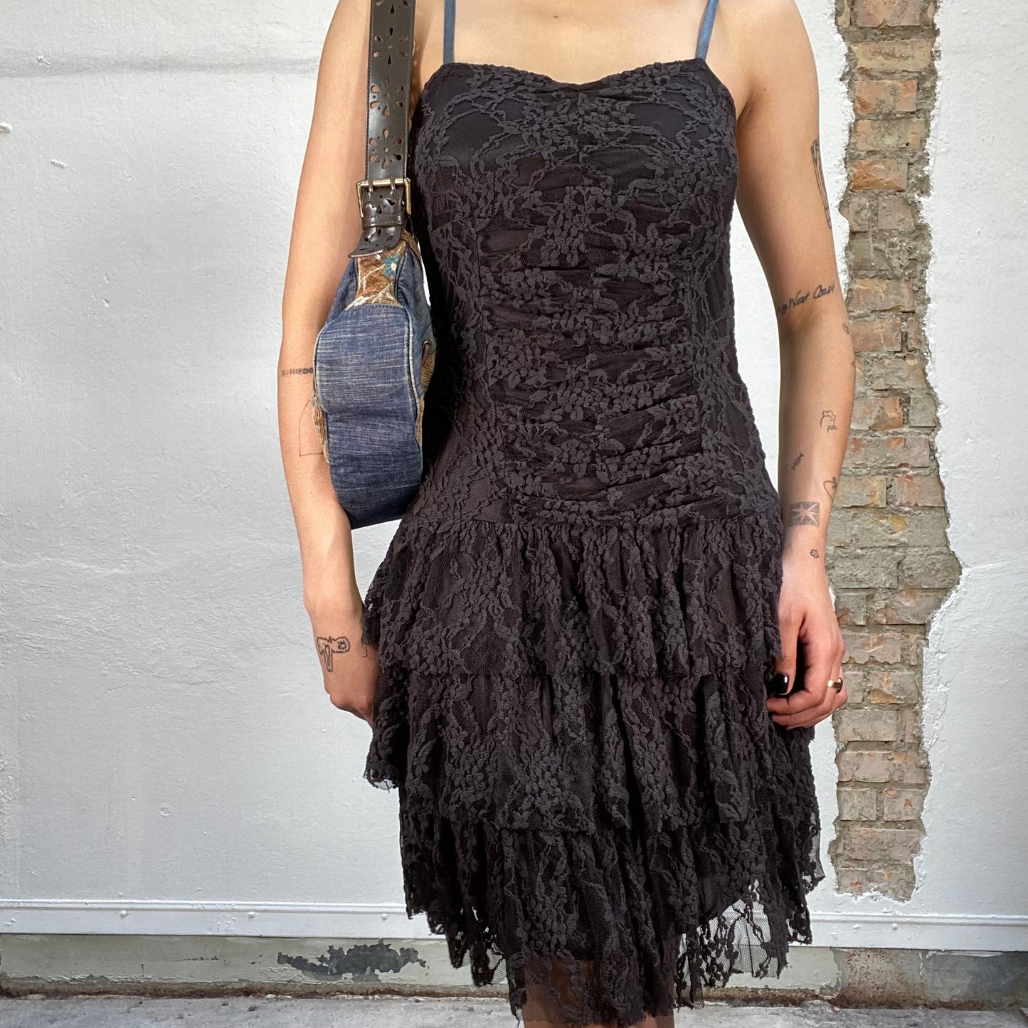 Vintage 2000's Whimsigoth Midi Dark Black Lace Dress with Fills (S)