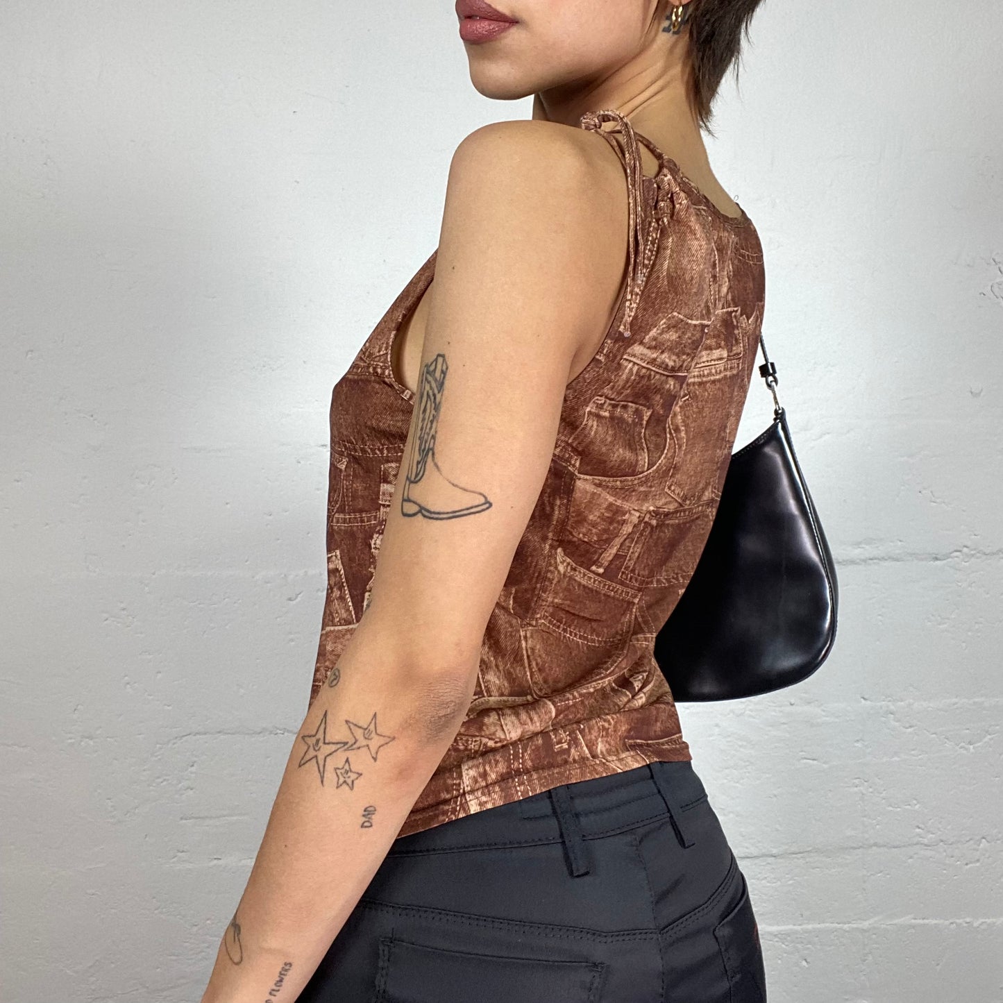 Vintage 2000's Cow-Girl Brown Top with Faux Jean Print (S)