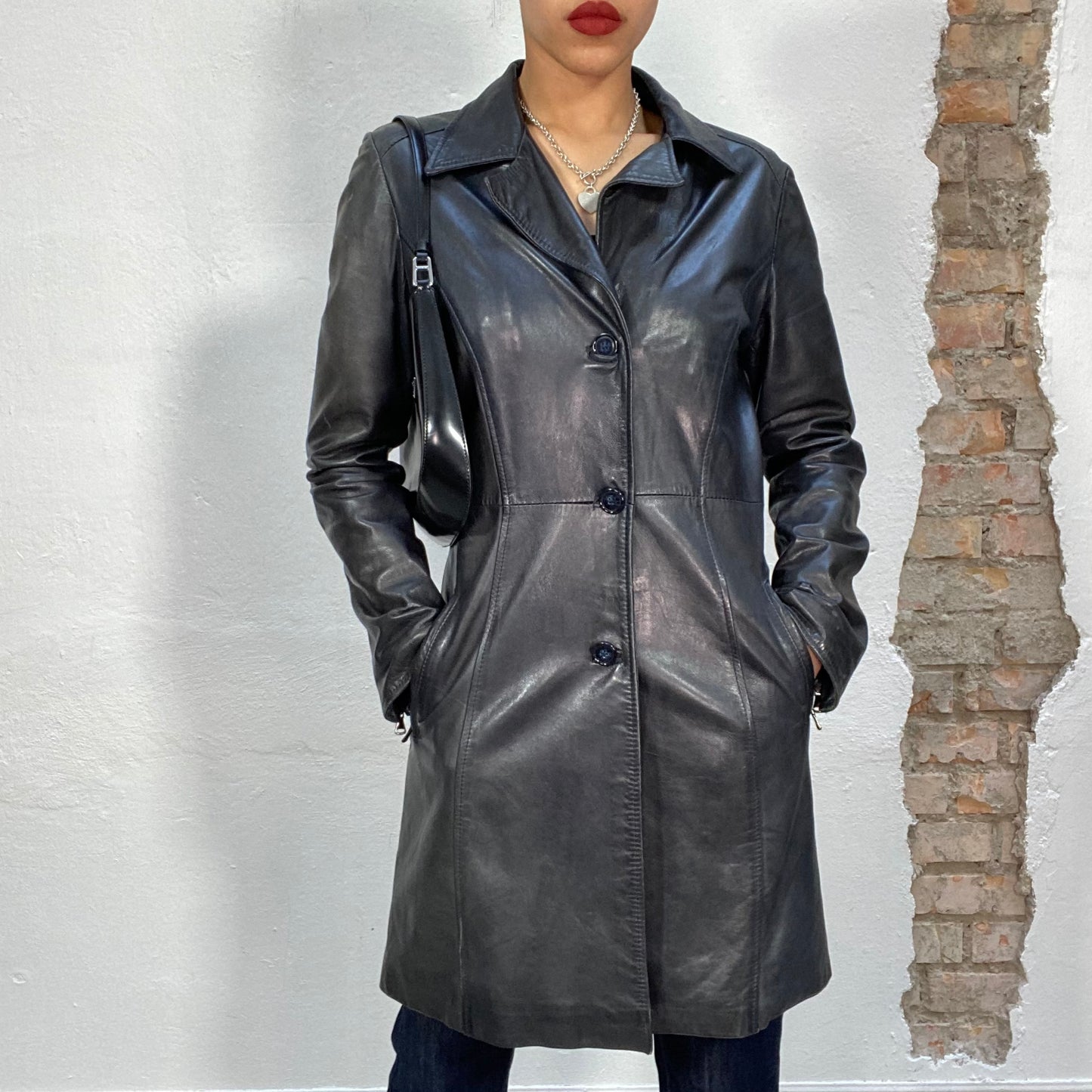 Vintage 90's Model Off Duty Black Long Leather Coat (S)