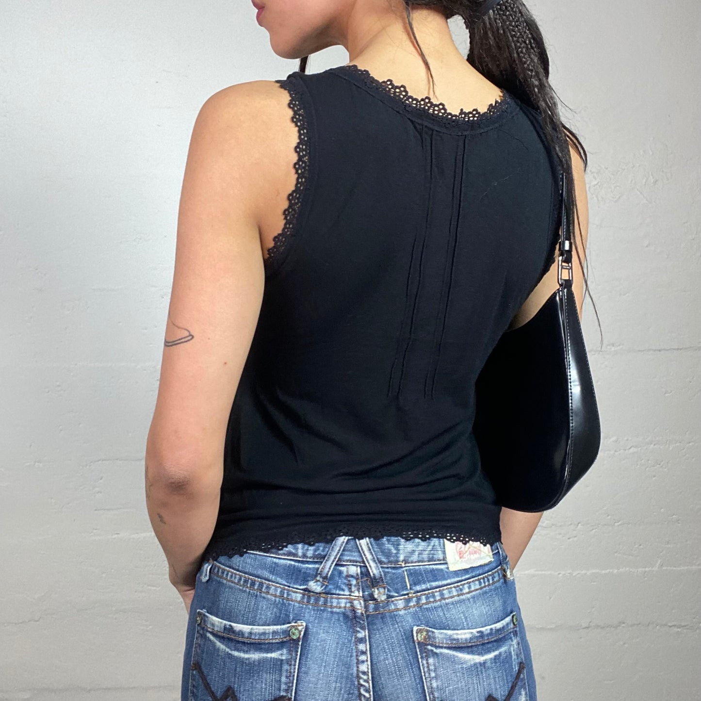 Vintage 2000's Romantic Girl Black Blouse Top with Lace Trims Detail (S)