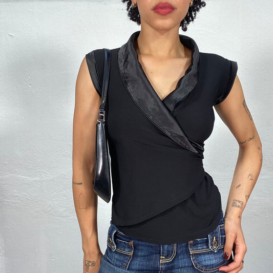 Vintage 2000's Model Off Duty Black Shirt with Satin Neckline Detail (S)