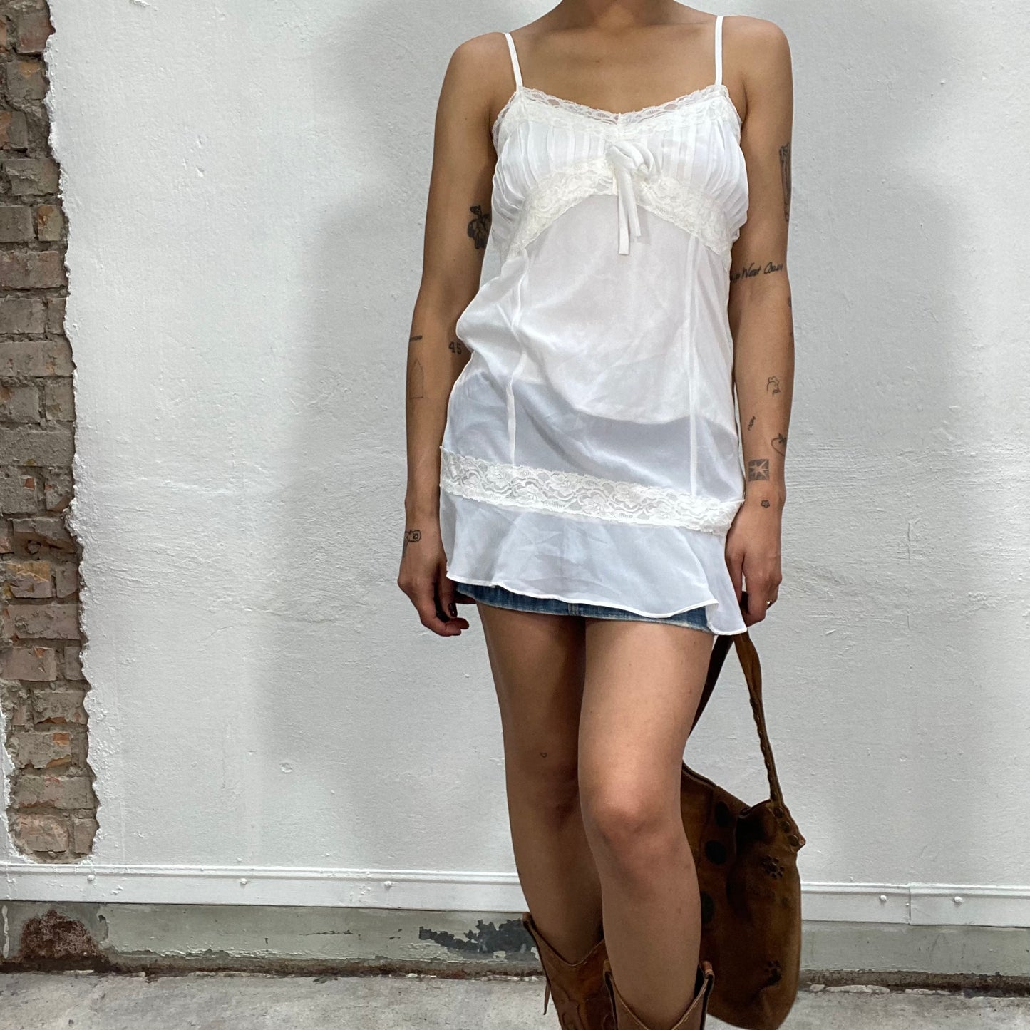 Vintage 90's Lingerie White Cami Dress with White Lace Details (S)