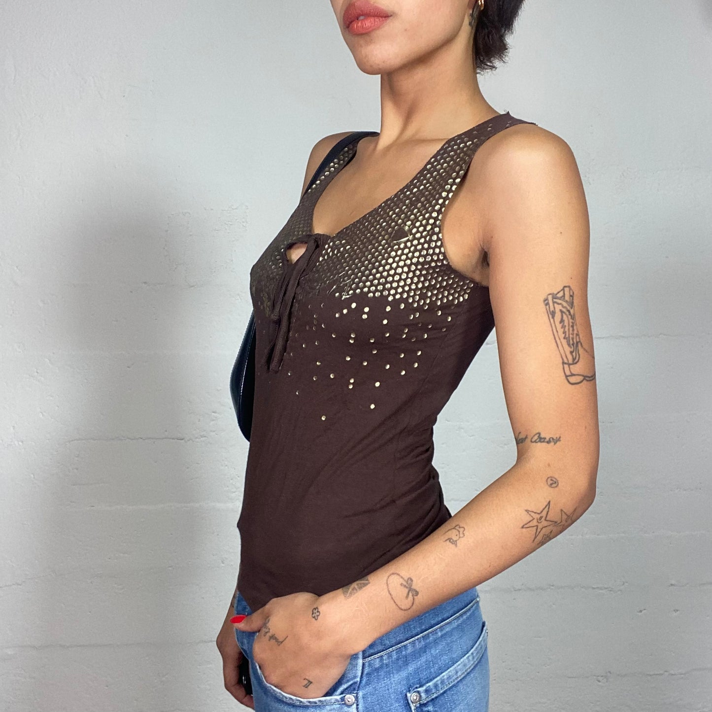 Vintage 2000's Morgan Sleaze Brown Top with Gold Glam Chest Print (S)