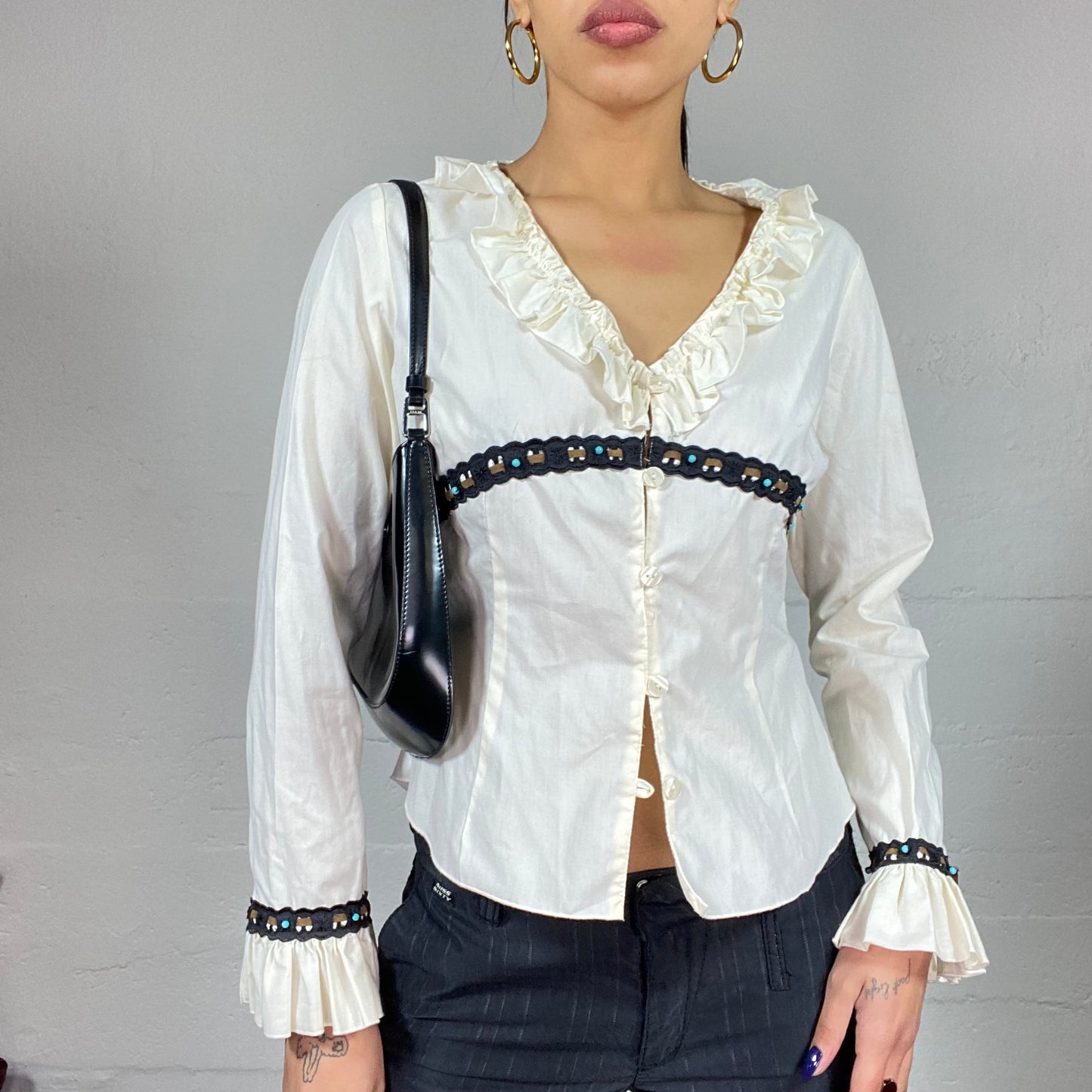 Vintage 2000's Indie White Button Up Shirt with Black Lace Up Trim Detail (S)