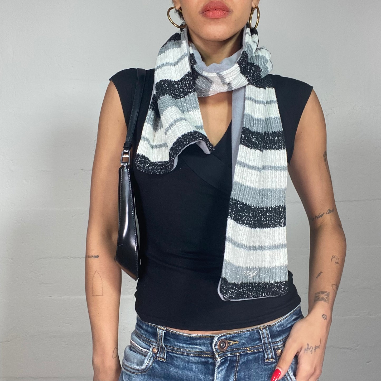 Vintage 2000's Rachel Green Black and White Striped Glittery Scarf