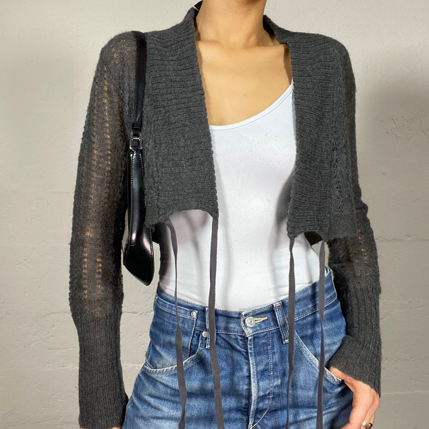Vintage 2000's Archive Grey Knit Bolero with Fringes Detail (M)