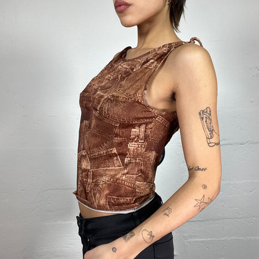 Vintage 2000's Cow-Girl Brown Top with Faux Jean Print (S)
