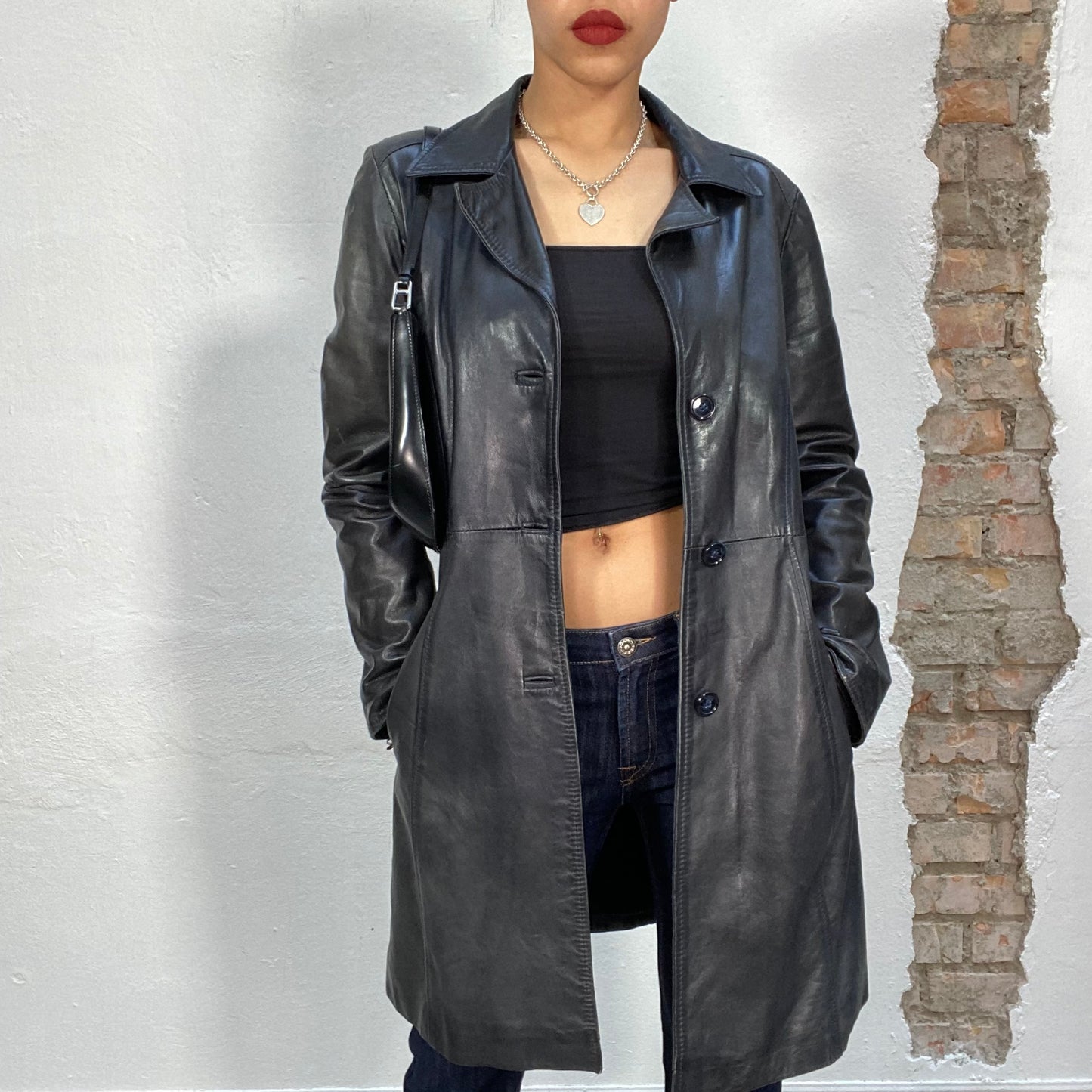 Vintage 90's Model Off Duty Black Long Leather Coat (S)