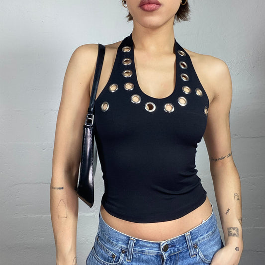 Vintage 90's Rave Black Neckholder Top with Metallic Hole Neckline Detail (S)