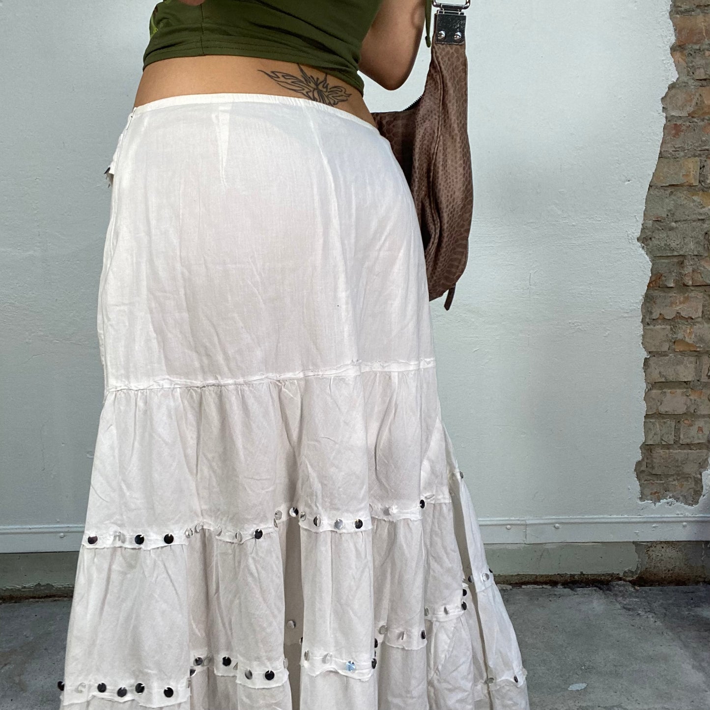 Vintage 2000's Indie White A-Line Maxi Skirt with Silver Sequin Detail (S/M)