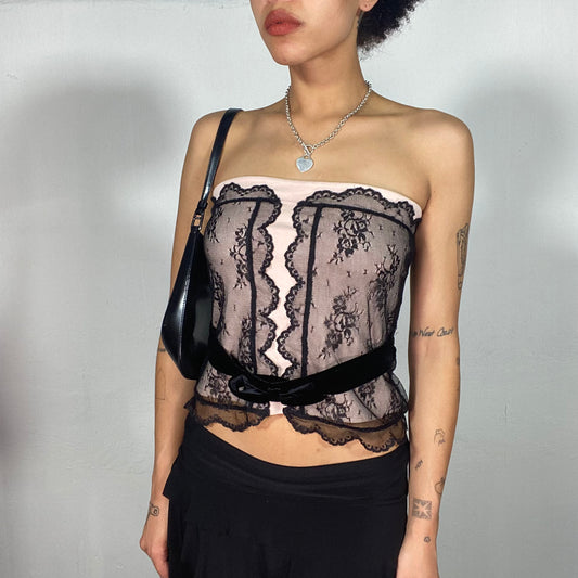 Vintage 2000's Coquette Baby Pink Tube Top with Black Lace Detail (S)