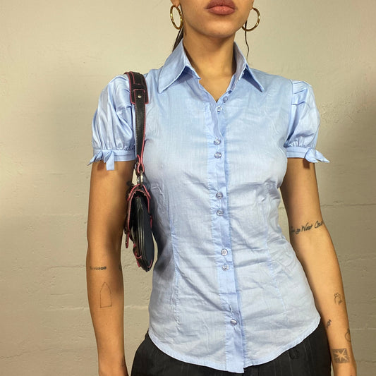 Vintage 2000's Office Girl Pastel Blue Shirt with Puffed Sleeves (S)