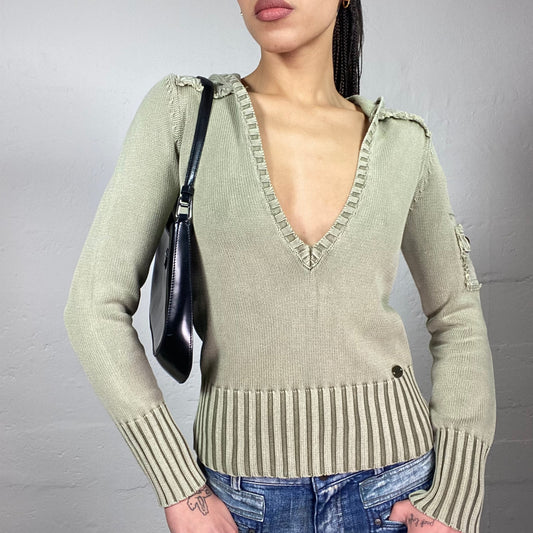 Vintage 2000's College Girl Green Knitted Pullover with Hood Back Detail (S/M)