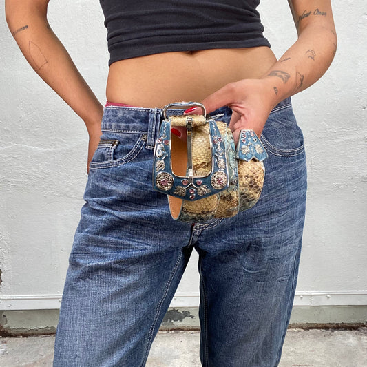 Vintage 2000's Western Turquoise and Beige Snake Belt with Chunky Silver Buckle