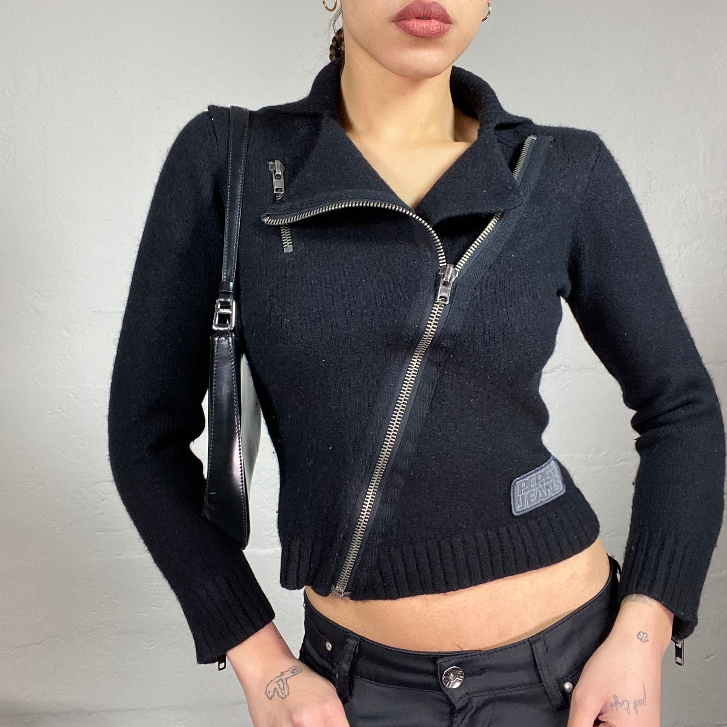 Vintage 2000's Pepe Jeans Downtown Girl Black Crossed Zip Up Knitted Jacket (S)