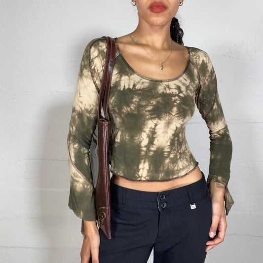 Vintage 90's Hippie Khaki Longsleeve Top with Tie Dye Print and Angel Sleeves (S/M)