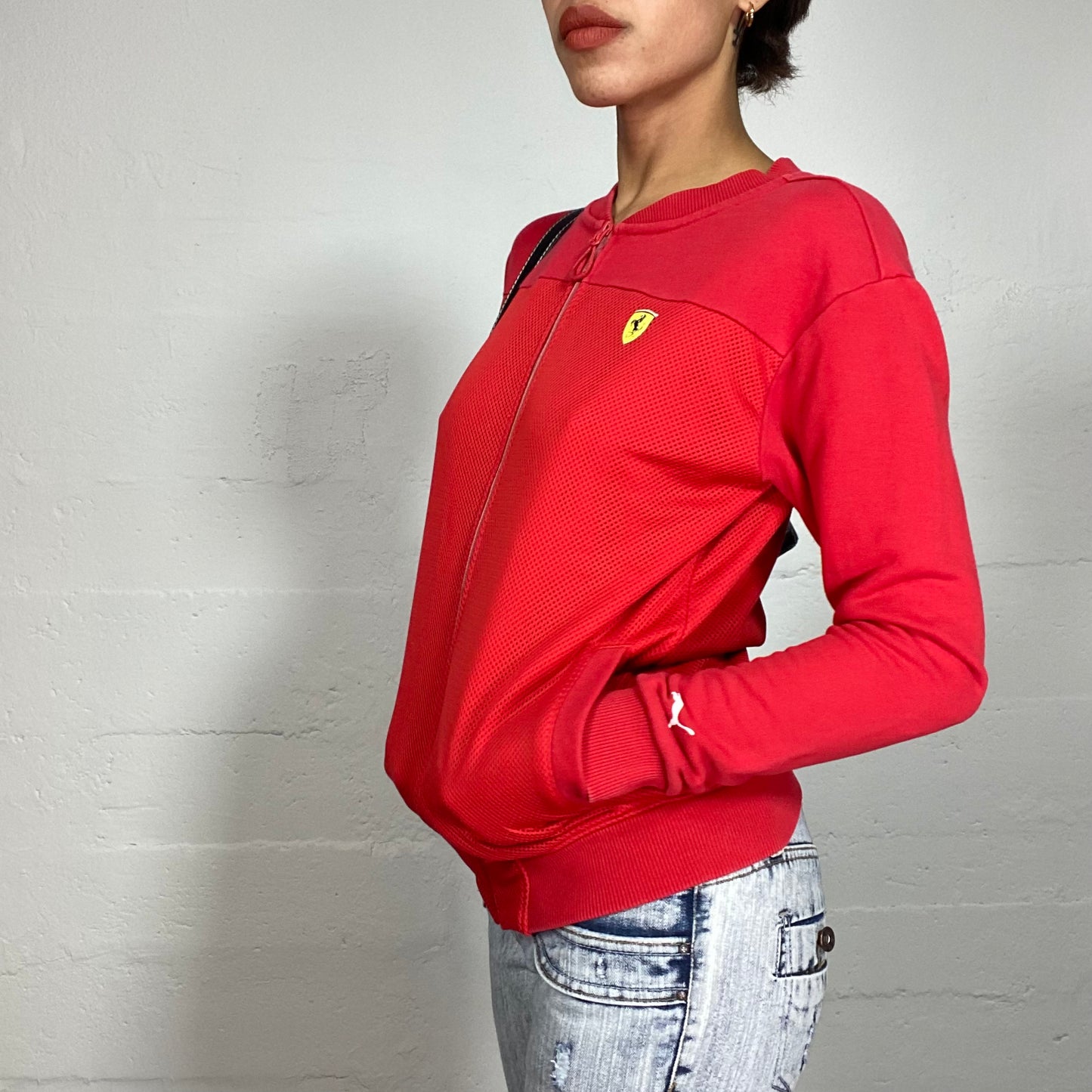 Vintage 2000's Puma Sporty Red Zip Up Oversized Sweater with Yellow Ferrari Logo Print (M)