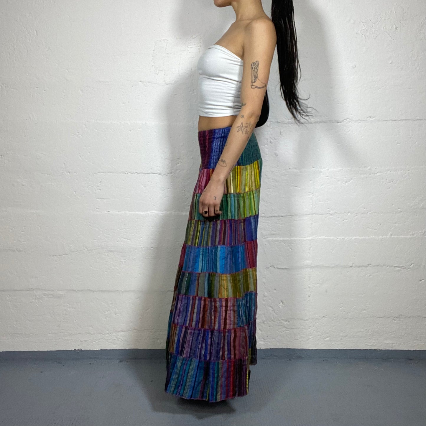 Vintage 2000's Boho Girl Maxi Skirt with Patched Colour Gradient Detail (S)