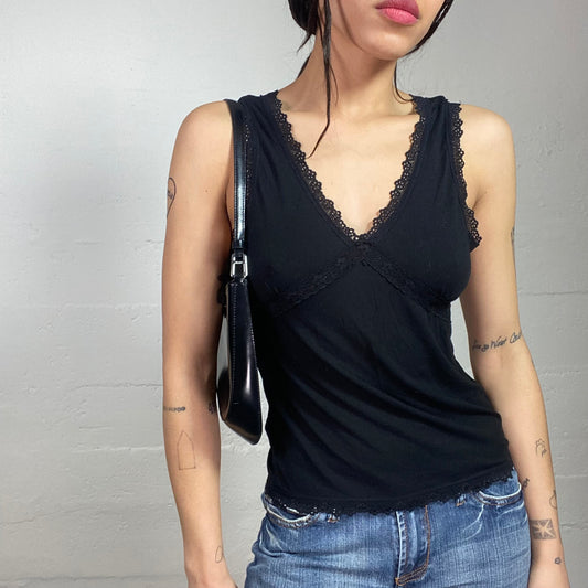 Vintage 2000's Romantic Girl Black Blouse Top with Lace Trims Detail (S)