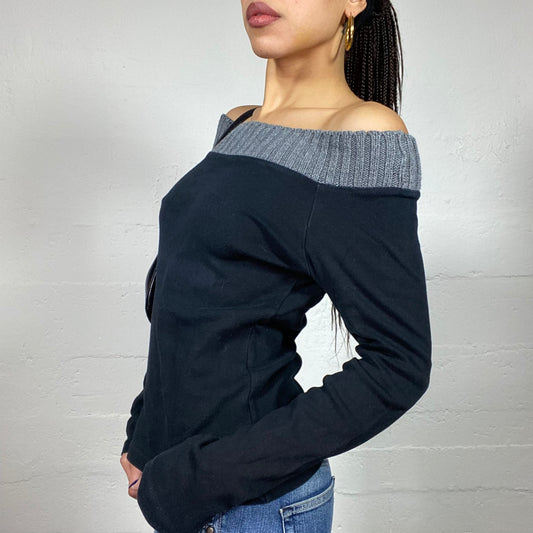 Vintage 2000's Ballet Core Black Off Shoulder Longsleeve Top with Knitted Grey Neckline Trim (S)