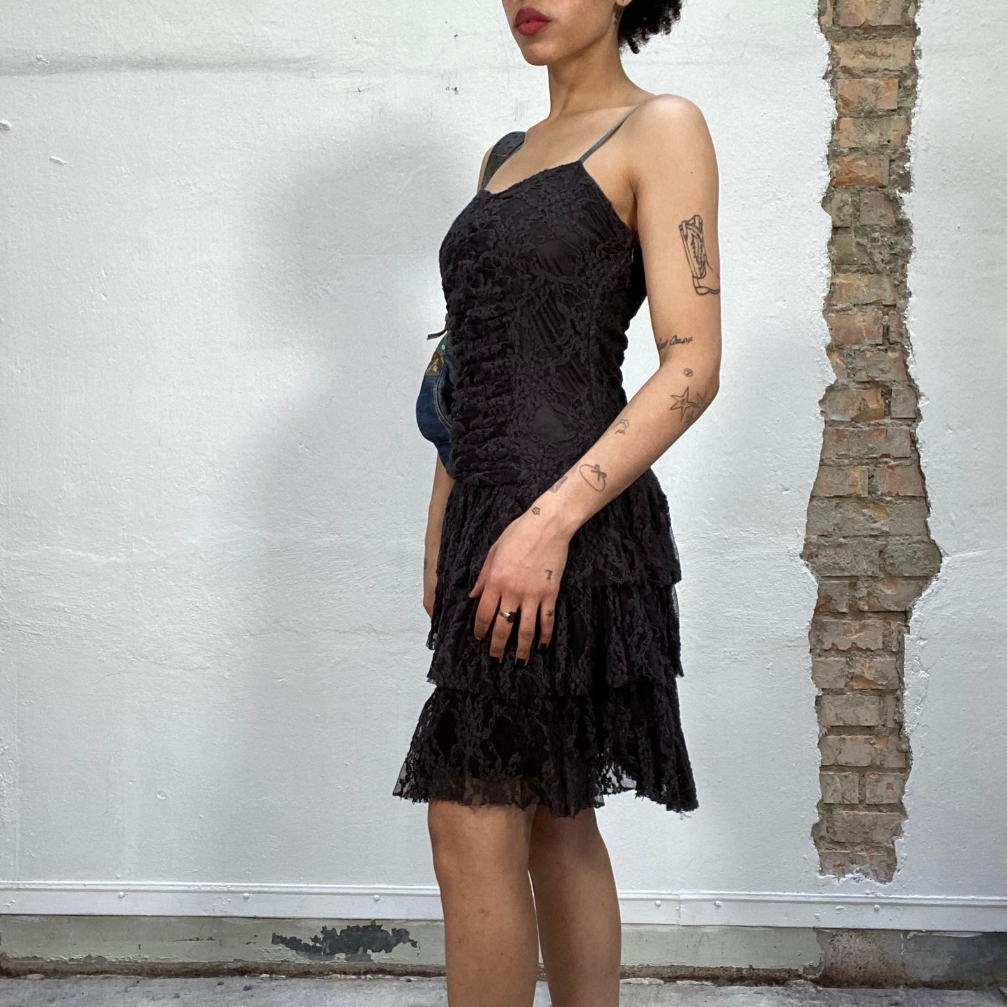 Vintage 2000's Whimsigoth Midi Dark Black Lace Dress with Fills (S)