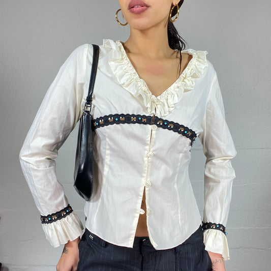 Vintage 2000's Indie White Button Up Shirt with Black Lace Up Trim Detail (S)