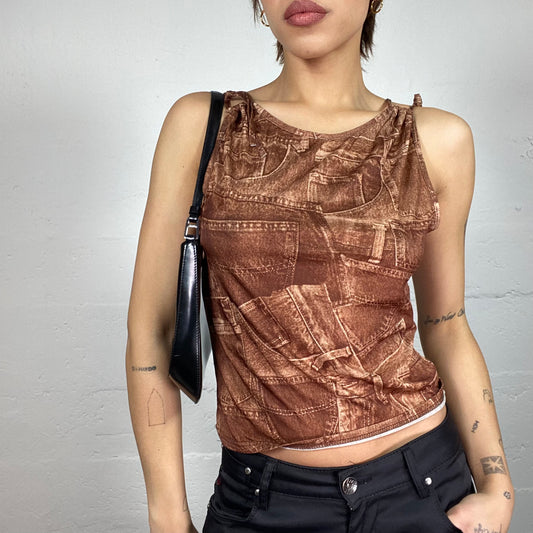 Vintage 2000's Cow-Girl Brown Top with Faux Jean Print (S)