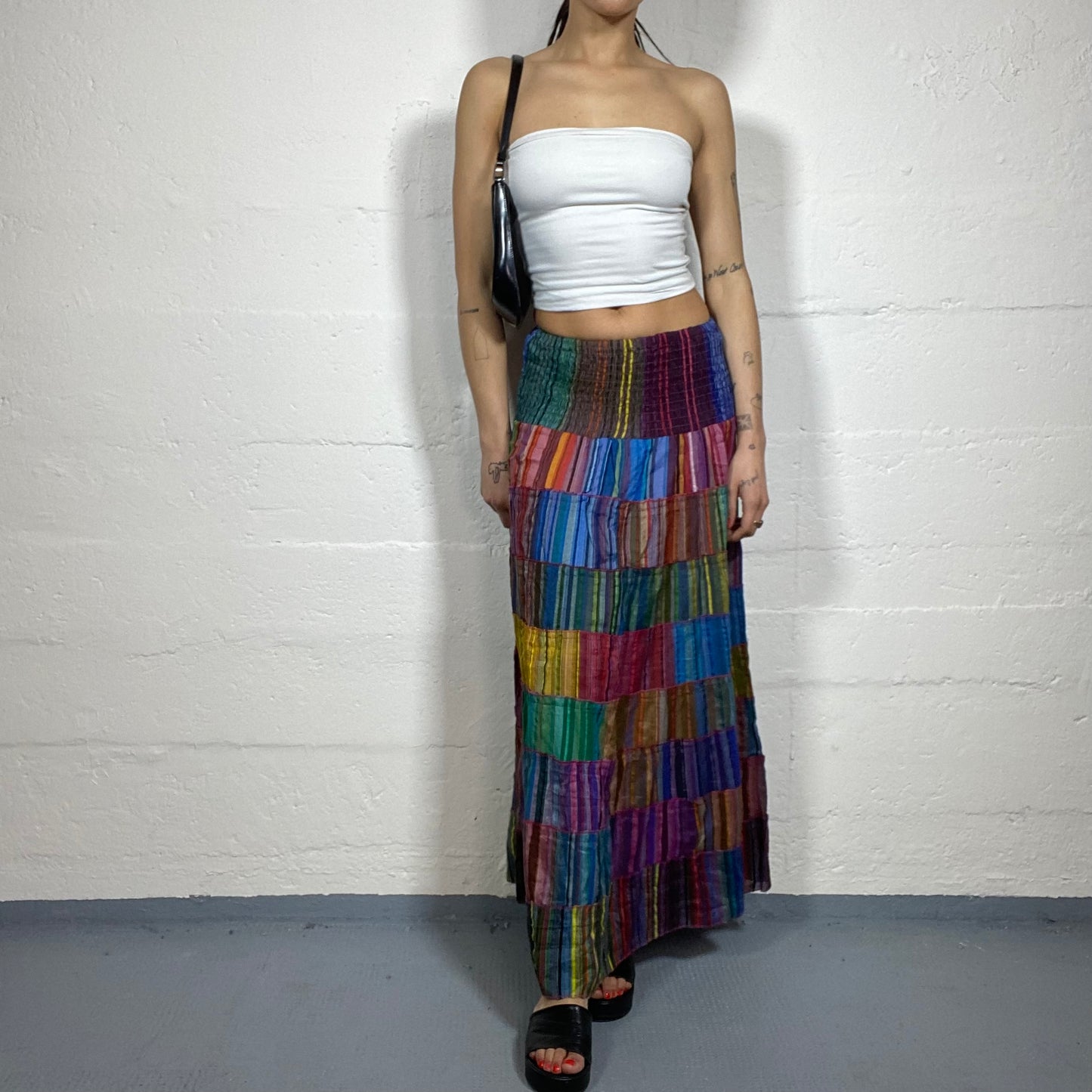 Vintage 2000's Boho Girl Maxi Skirt with Patched Colour Gradient Detail (S)