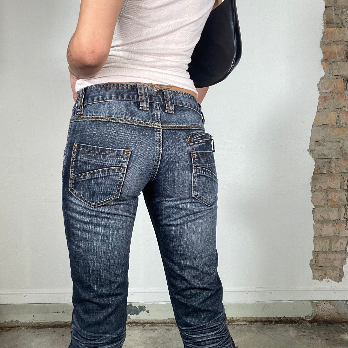 Vintage 2000's Grunge Dark Wash Jeans with Acid Wash and Pocket Details (S)