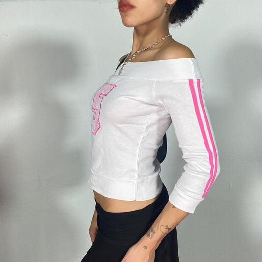 Vintage 2000's Streetstyle White Off Shoulder Top with Pink '55' Print (S)