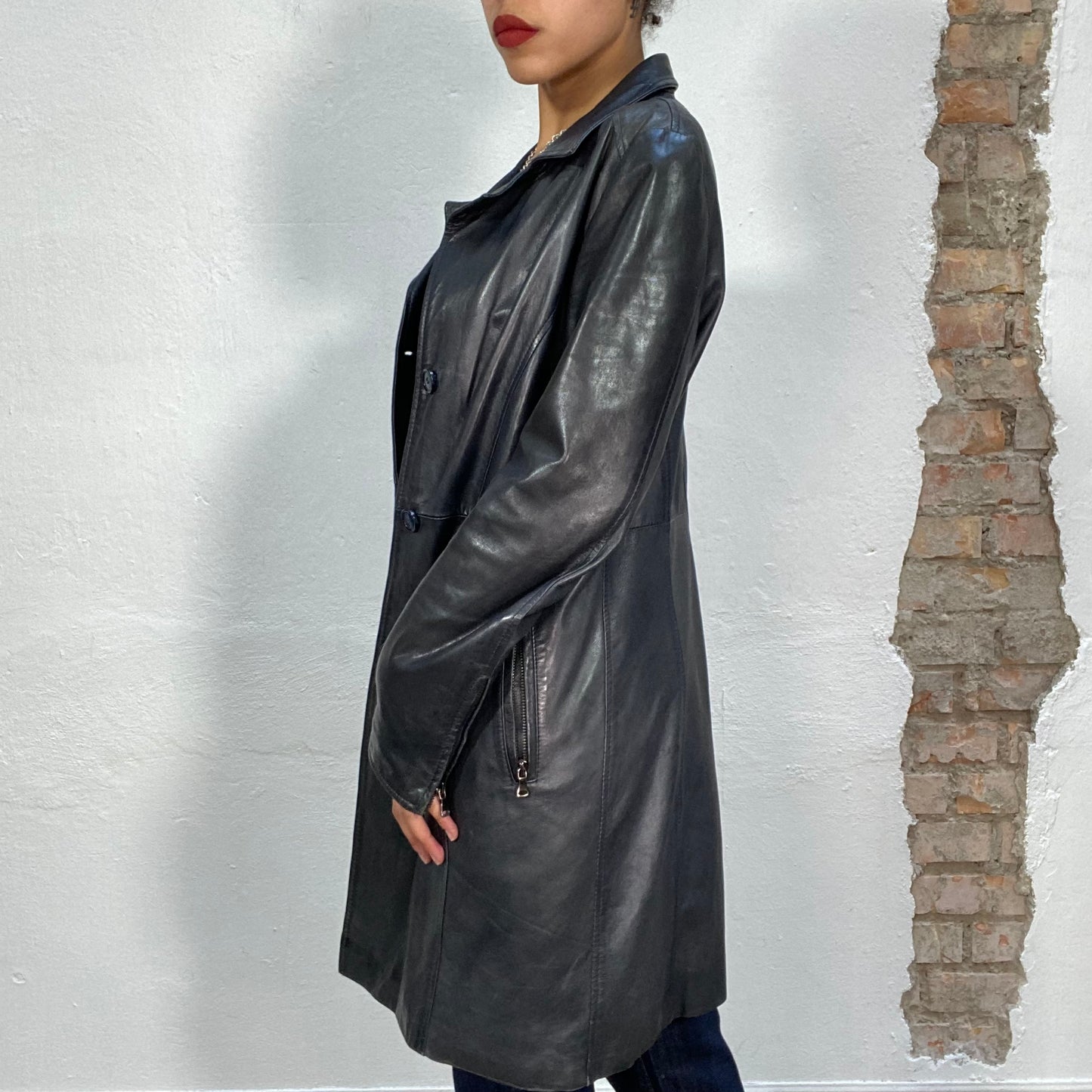 Vintage 90's Model Off Duty Black Long Leather Coat (S)