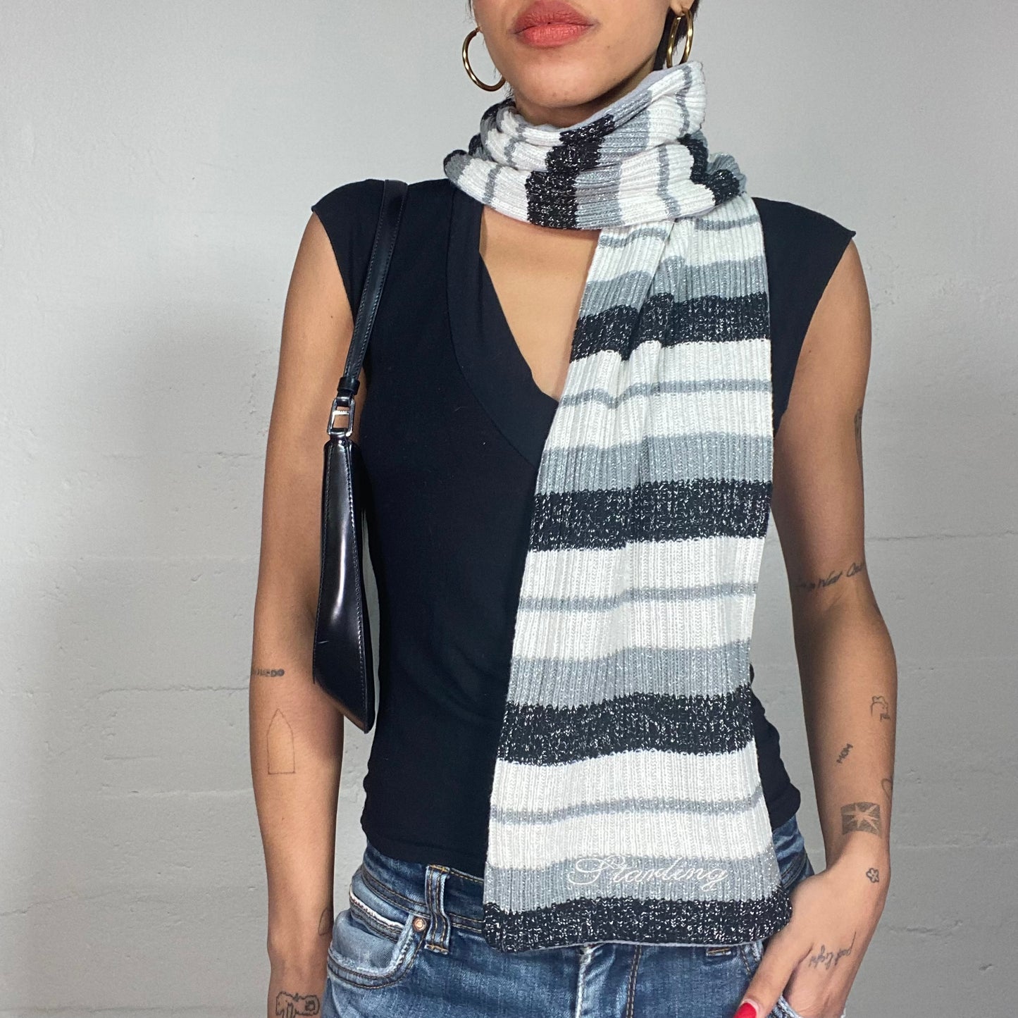 Vintage 2000's Rachel Green Black and White Striped Glittery Scarf