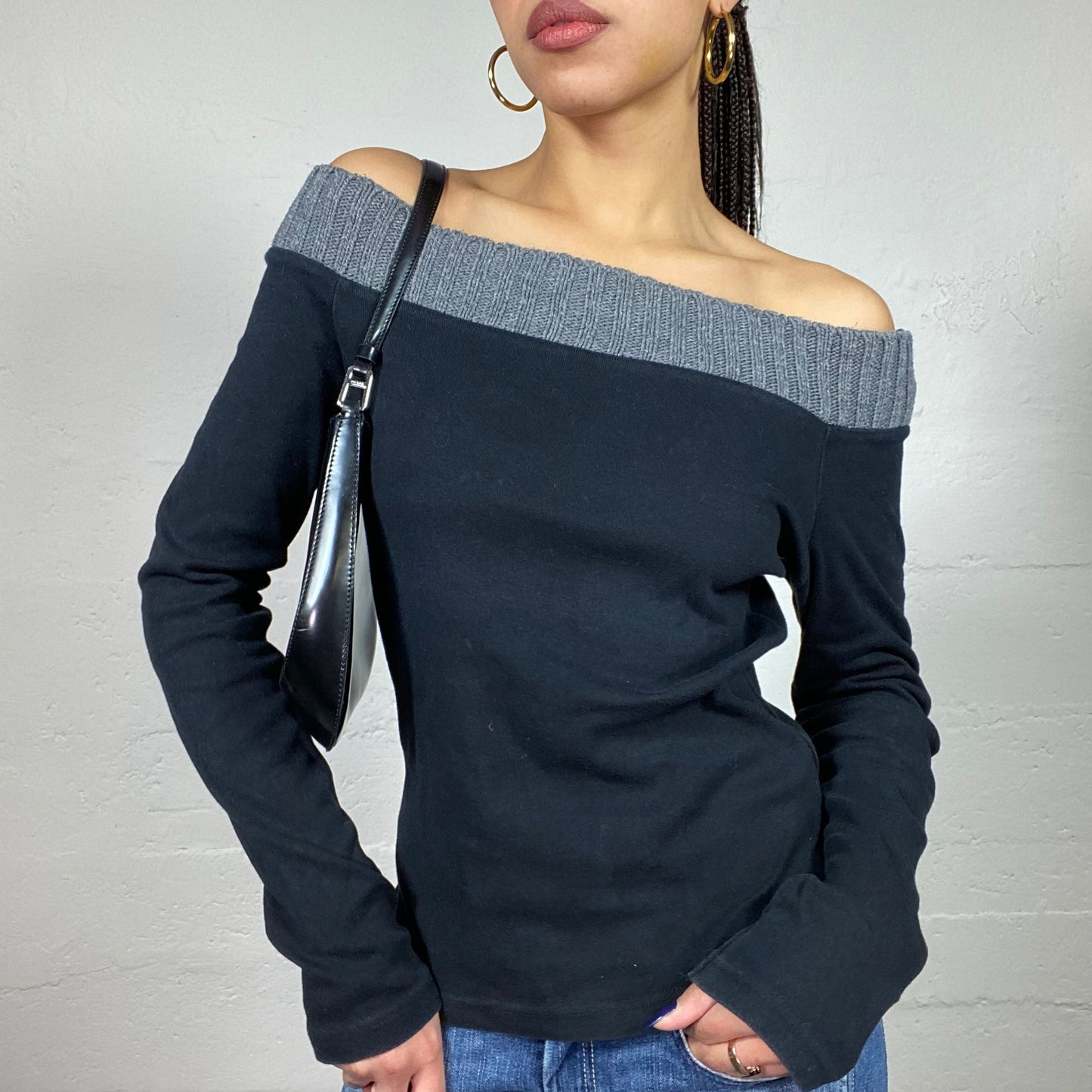 Vintage 2000's Ballet Core Black Off Shoulder Longsleeve Top with Knitted Grey Neckline Trim (S)