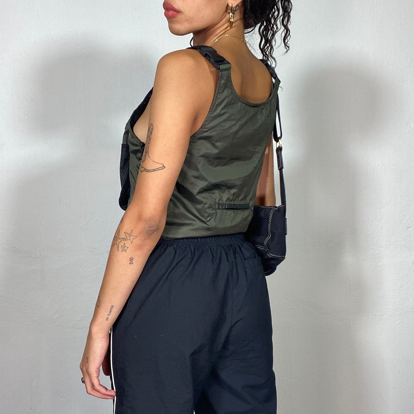 Vintage 90's Military-Inspired Khaki Rave Girl Top with Front Zipper Bag (S)