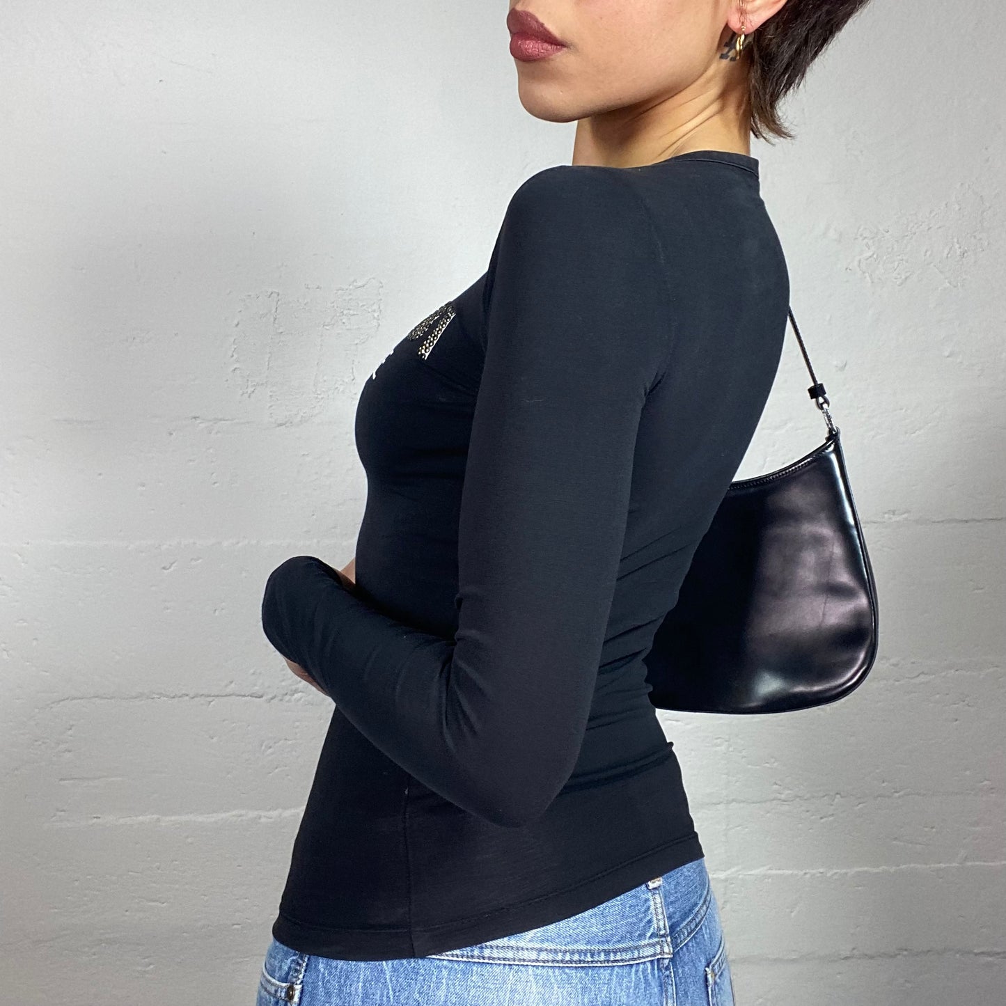 Vintage 2000's Guess Black Longsleeve Top with White "Guess Lifestyle" Print (S)