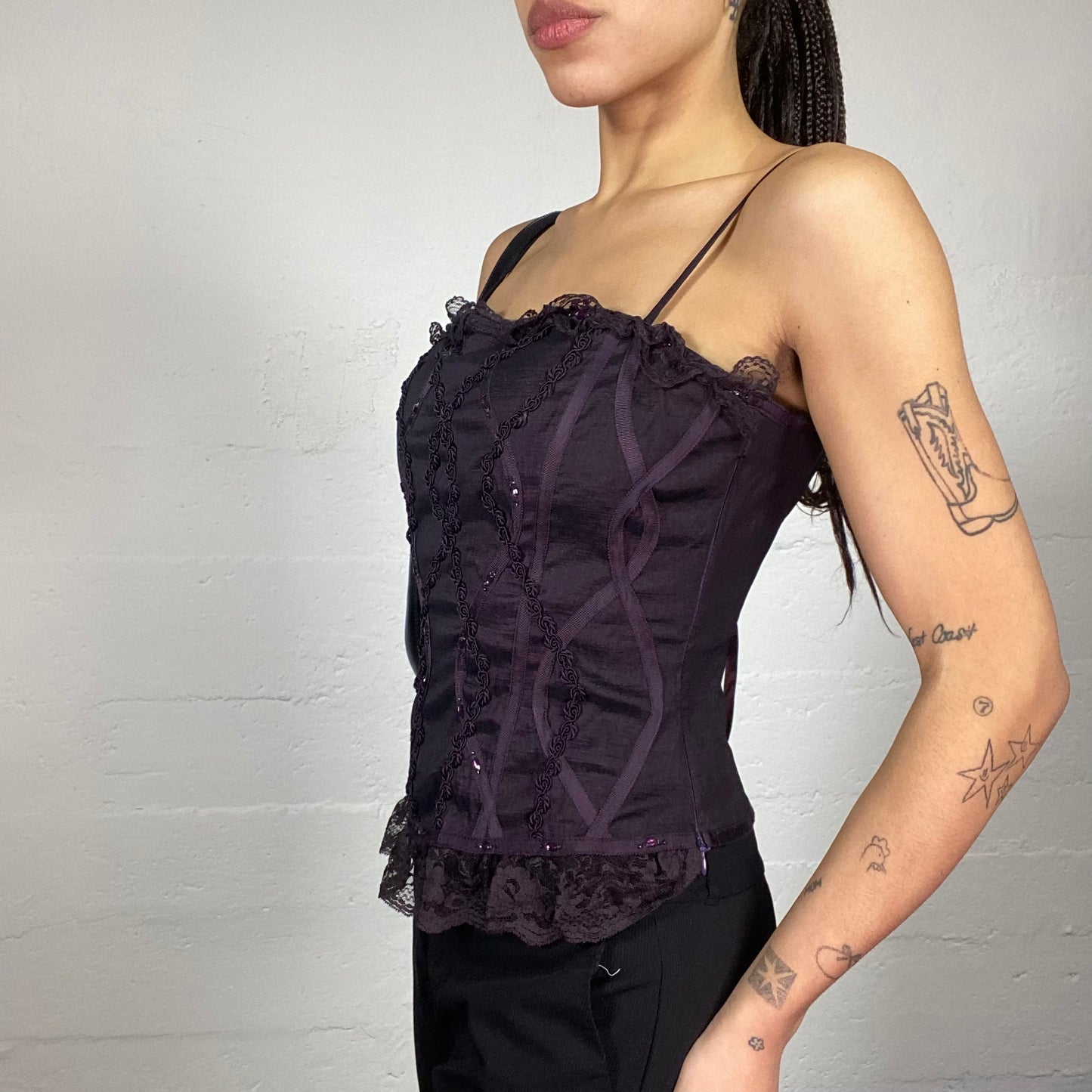 Vintage 90's Vamp Goth Purple Off Shoulder Corset Top with Rosettes Trim and Lace Detail (S)