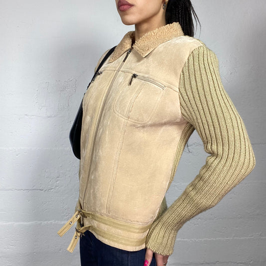 Vintage 90's Downtown Girl Beige Short Jacket with Knitted Sleeves Detail (L)