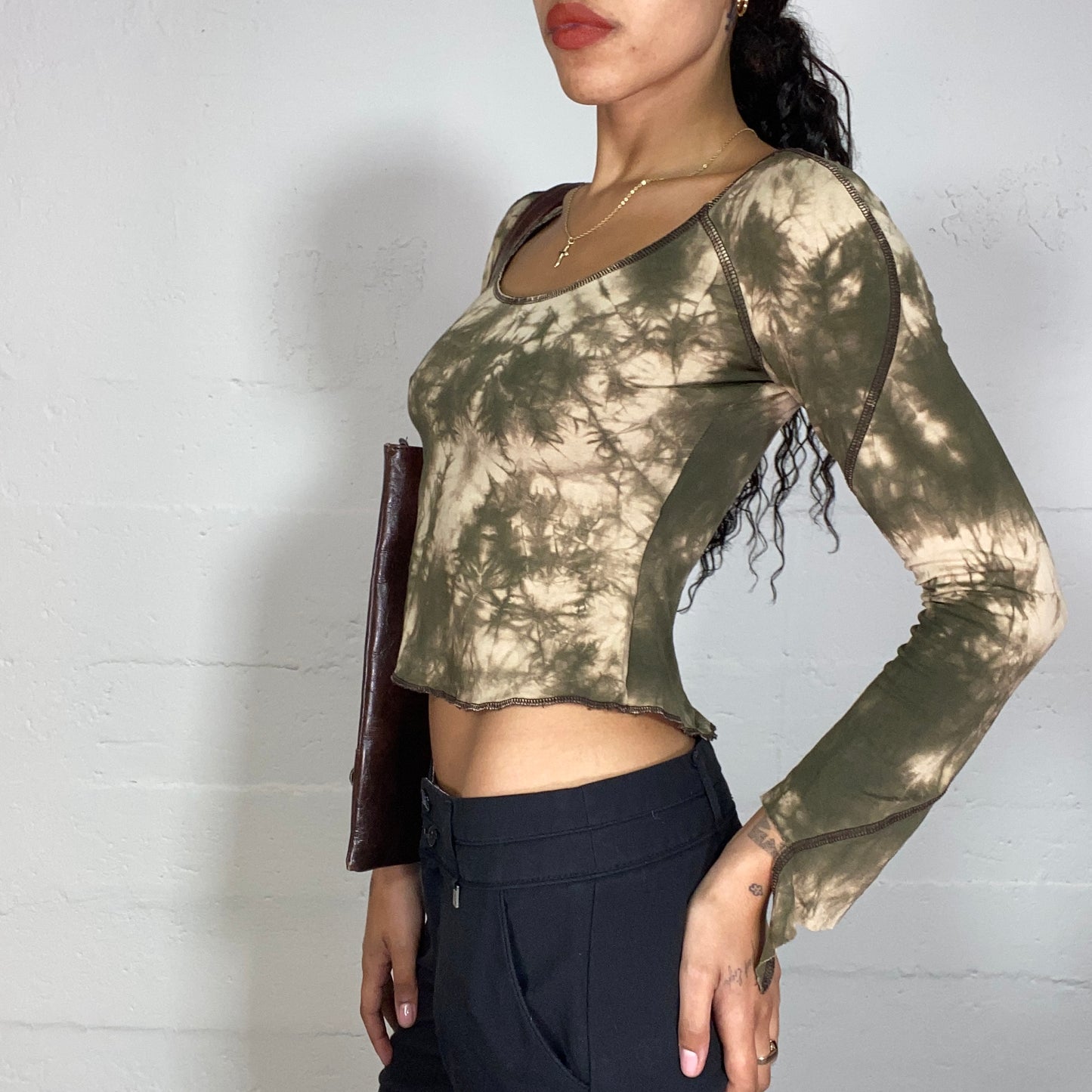 Vintage 90's Hippie Khaki Longsleeve Top with Tie Dye Print and Angel Sleeves (S/M)