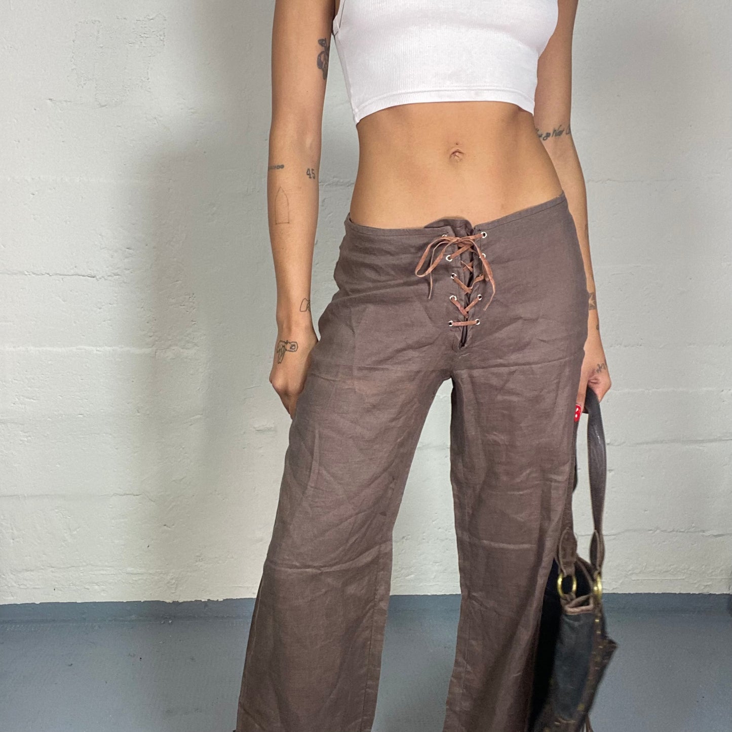 Vintage 90's Sleaze Brown Culotte Pants with Tie Up Pants and Bottom Detail (S)