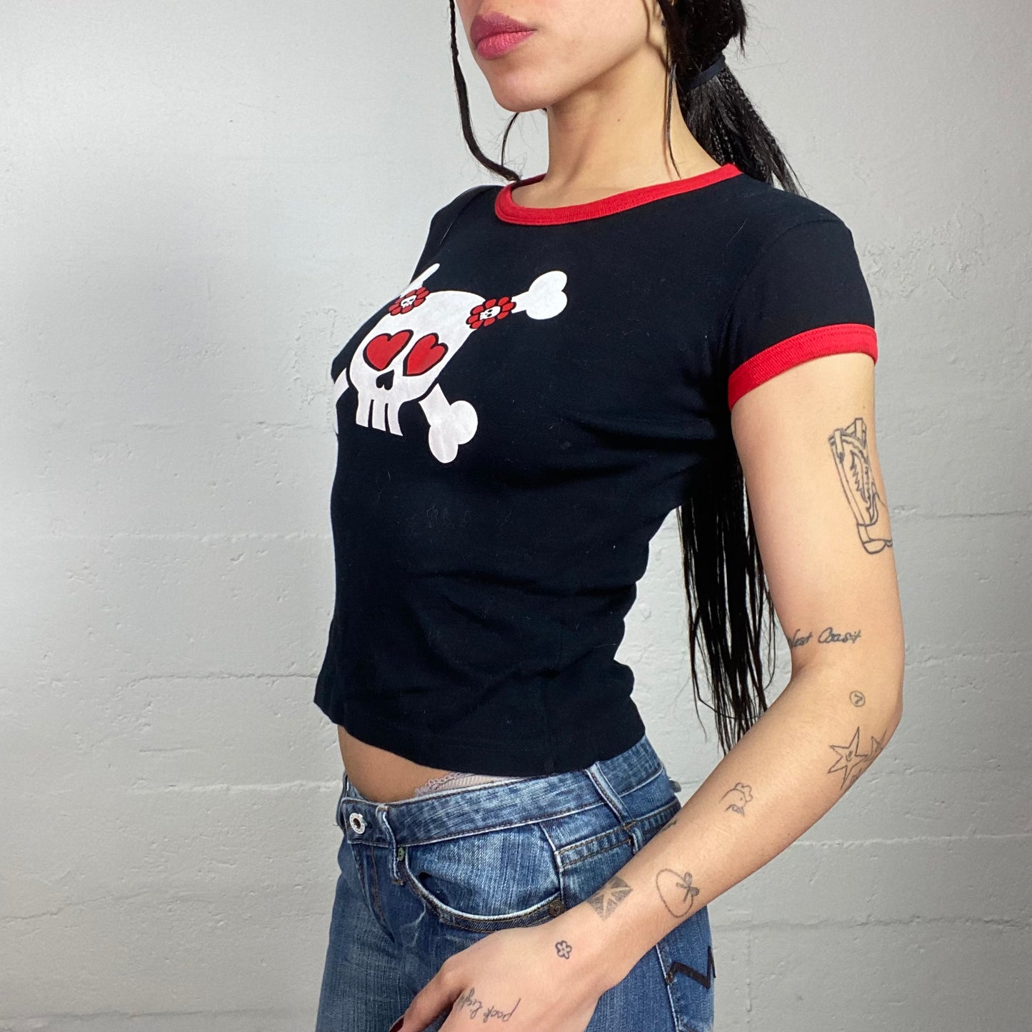 Vintage 2000's Sleaze Black Top with White Cute Skull Print (S)