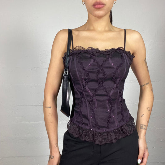 Vintage 90's Vamp Goth Purple Off Shoulder Corset Top with Rosettes Trim and Lace Detail (S)