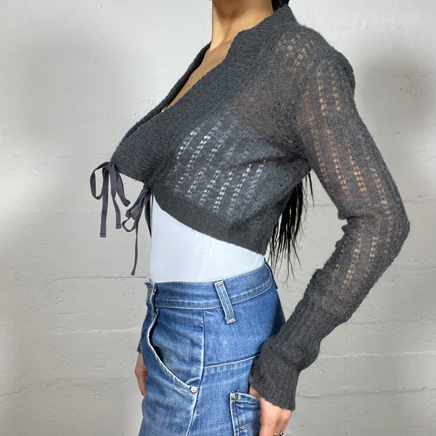 Vintage 2000's Archive Grey Knit Bolero with Fringes Detail (M)