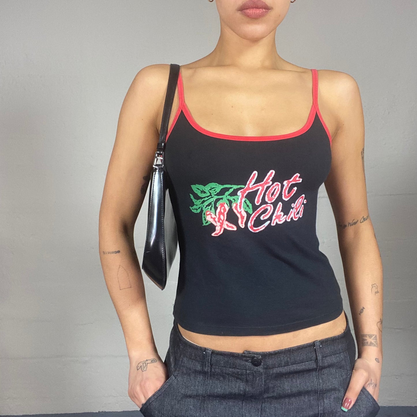 Vintage 90's Downtown Girl Black Top with "Hot Chili" Print (S)