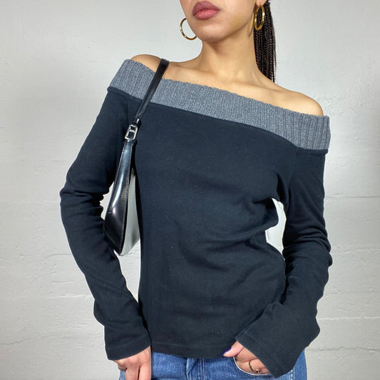 Vintage 2000's Ballet Core Black Off Shoulder Longsleeve Top with Knitted Grey Neckline Trim (S)