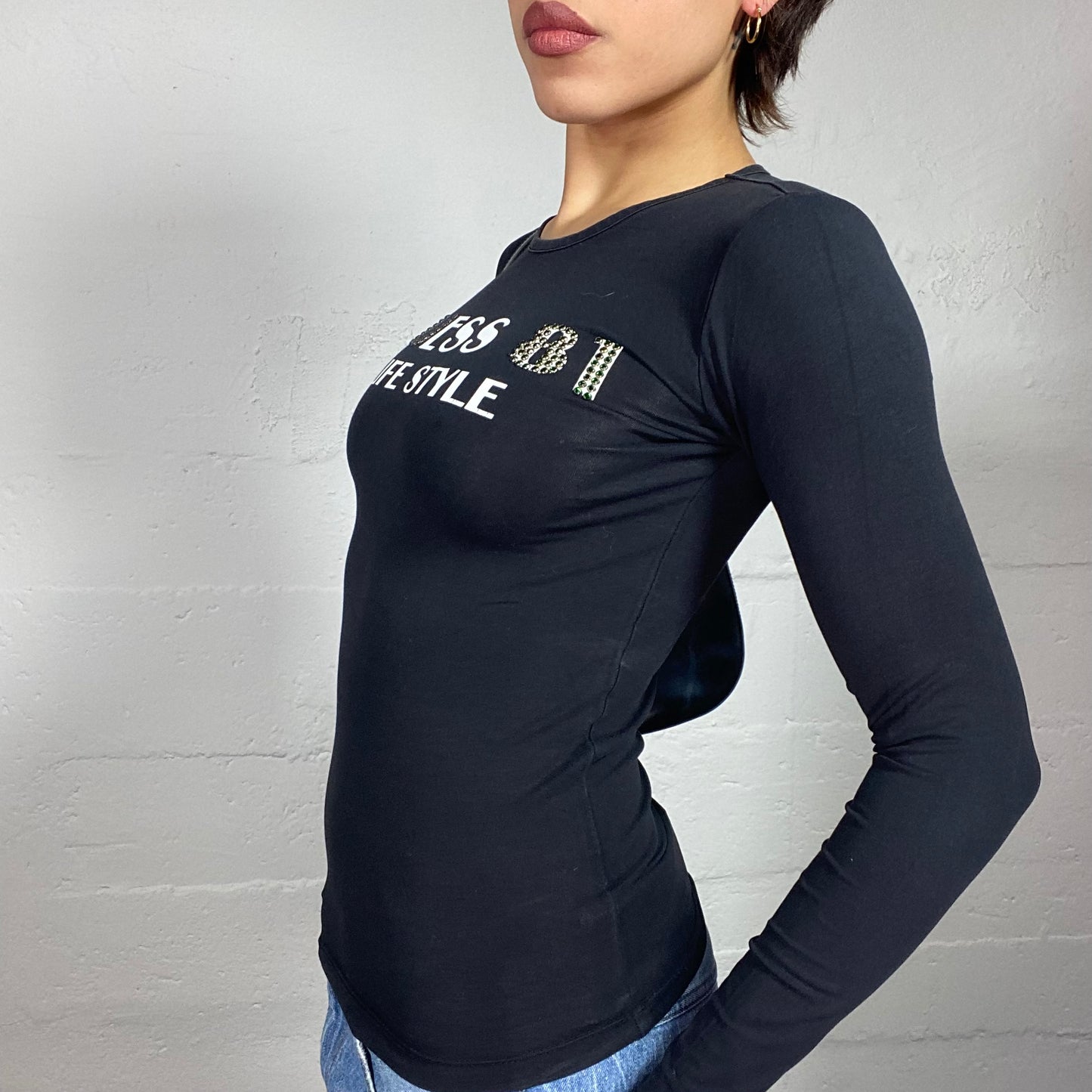 Vintage 2000's Guess Black Longsleeve Top with White "Guess Lifestyle" Print (S)
