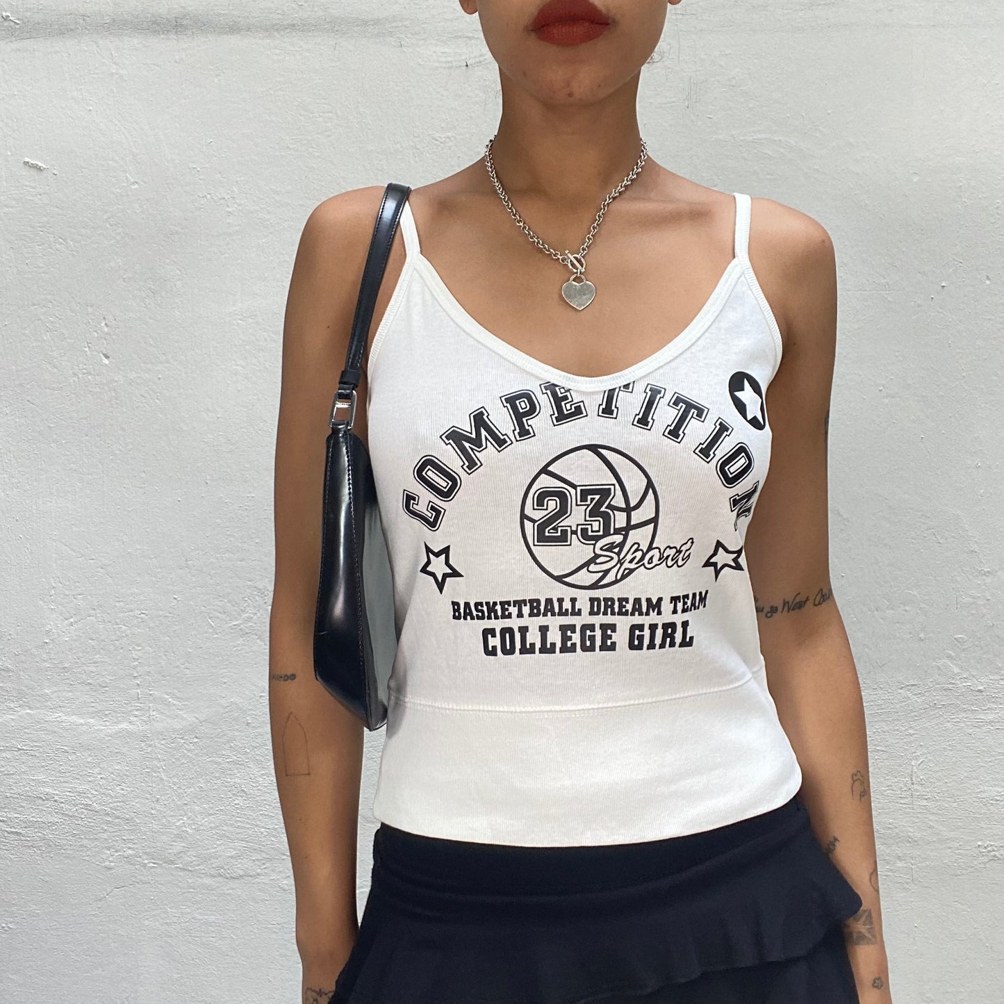 Vintage 2000's Sporty White Top with "Basketball College Girl" Print (S)