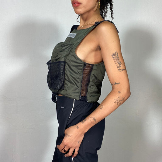 Vintage 90's Military-Inspired Khaki Rave Girl Top with Front Zipper Bag (S)