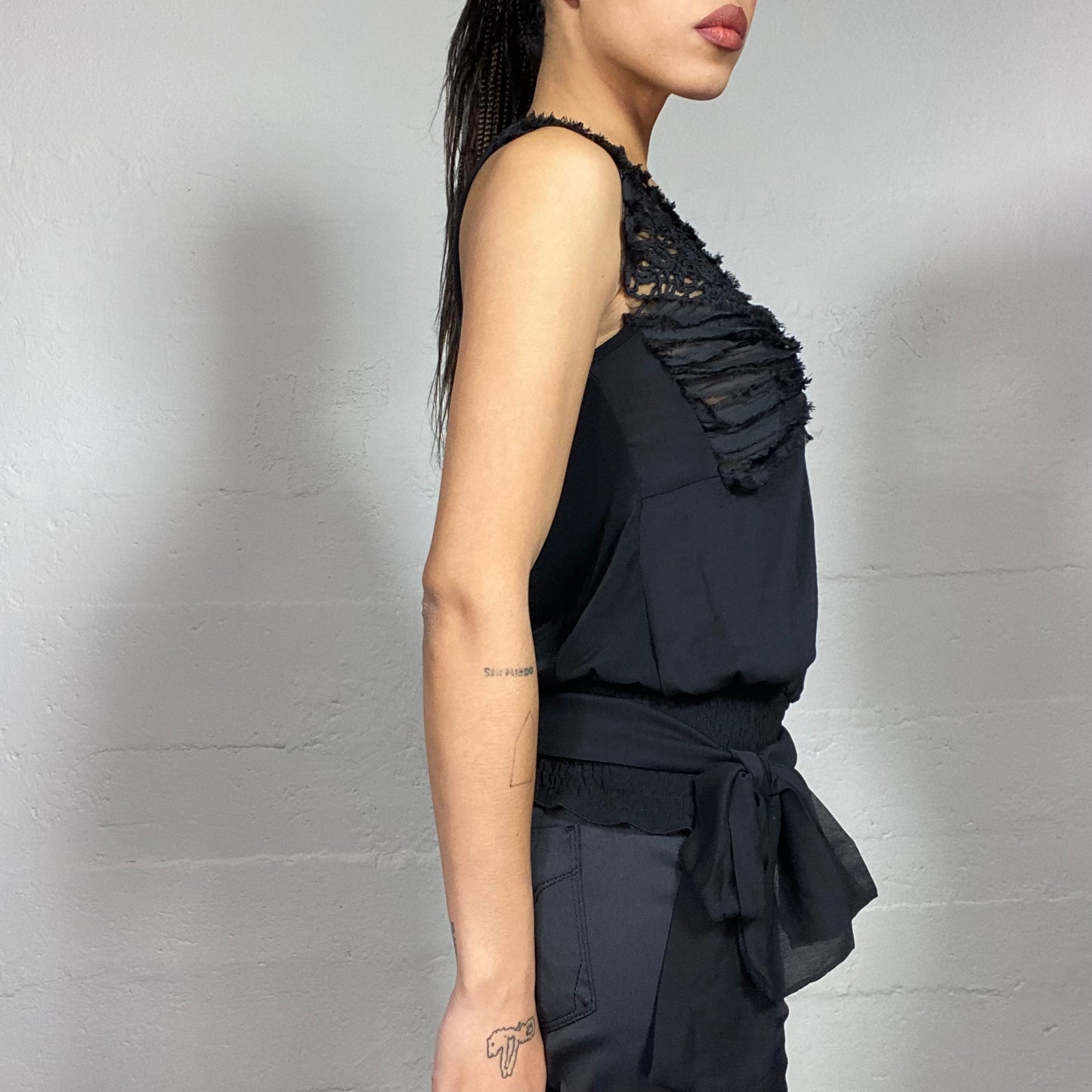 Vintage 2000's Model Off Duty Black Blouse with Chest Rosette and Crochet Straps Detail (M)