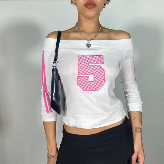 Vintage 2000's Streetstyle White Off Shoulder Top with Pink '55' Print (S)