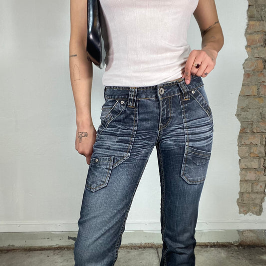 Vintage 2000's Grunge Dark Wash Jeans with Acid Wash and Pocket Details (S)